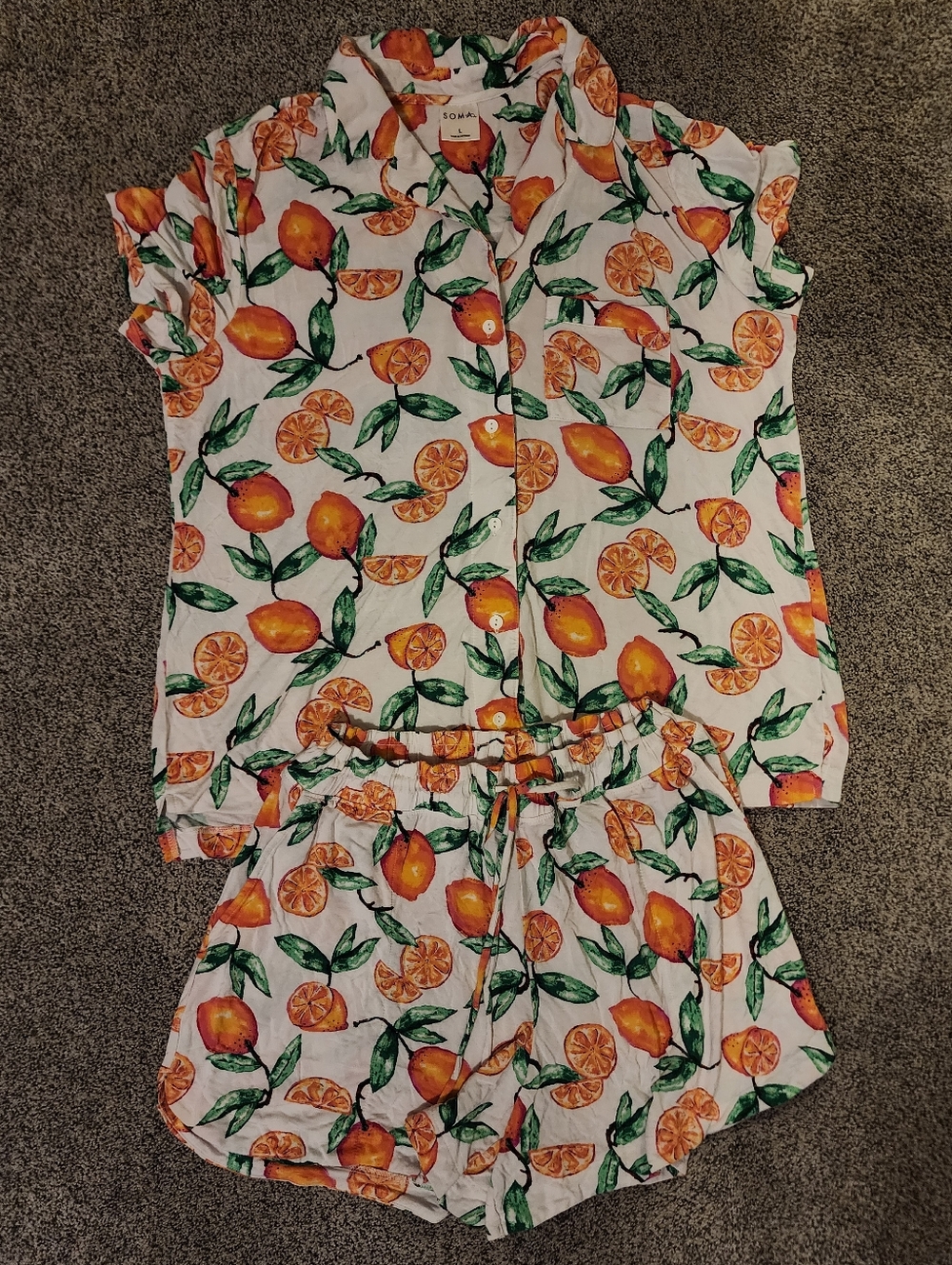 Soma White Pajama Set with Orange & Green Citrus Print Size L